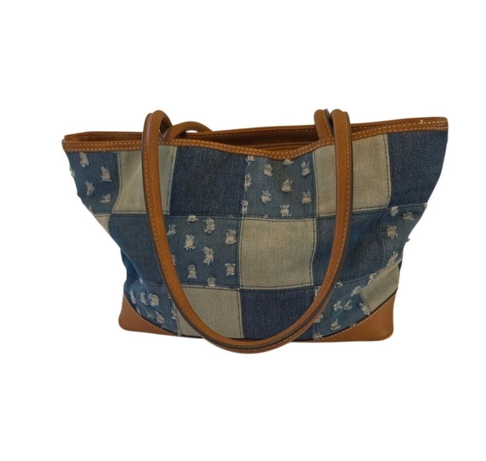 Vtg GAL Denim Patchwork Purse with Vegan Tan Leather M/L Retro Boho Trendy